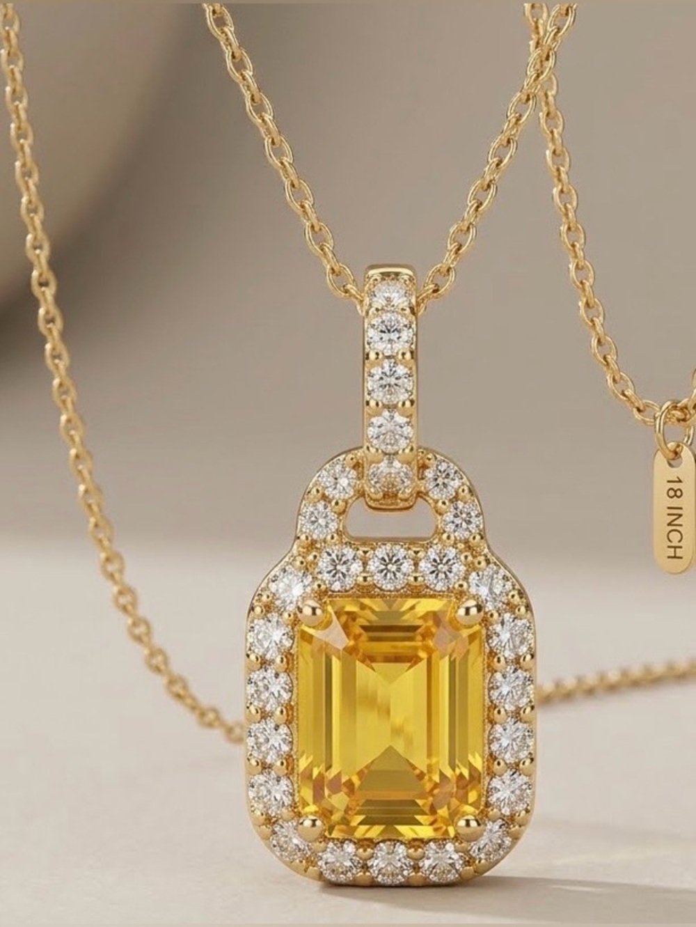 Rectangular Yellow Citrine CZ Gemstone Pendant & 18” Gold Plated Chain